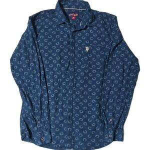 Mens XL US Polo Assn Blue Long Sleeve Button-Down Denim Shirt Horseshoes Pattern